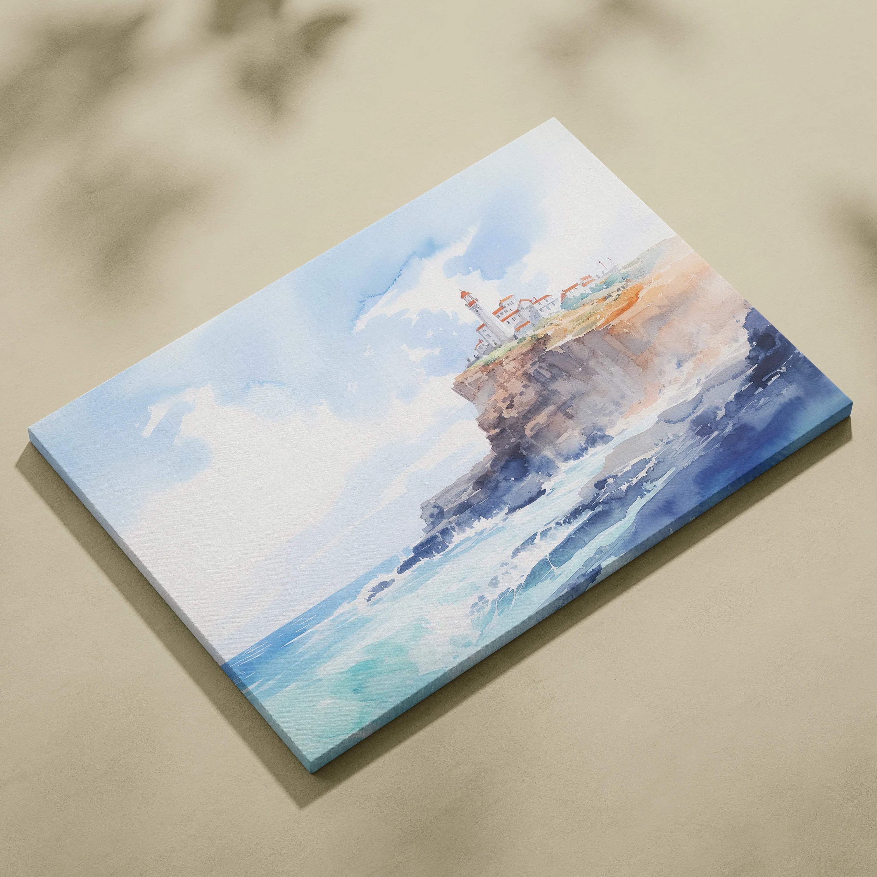 Watercolor canvas print of coastal lighthouse on cliffs by sea in airy blues