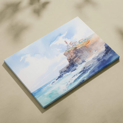 Watercolor canvas print of coastal lighthouse on cliffs by sea in airy blues