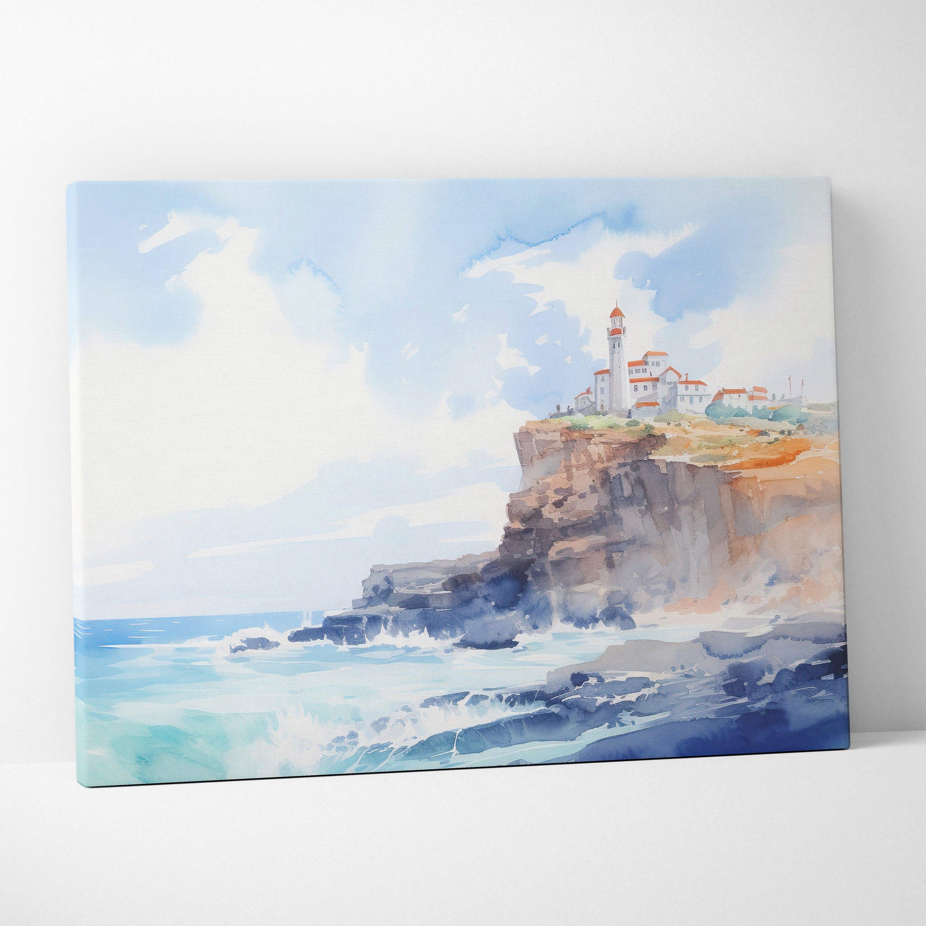 Watercolor canvas print of coastal lighthouse on cliffs by sea in airy blues beige terracotta