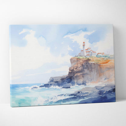Watercolor canvas print of coastal lighthouse on cliffs by sea in airy blues beige terracotta
