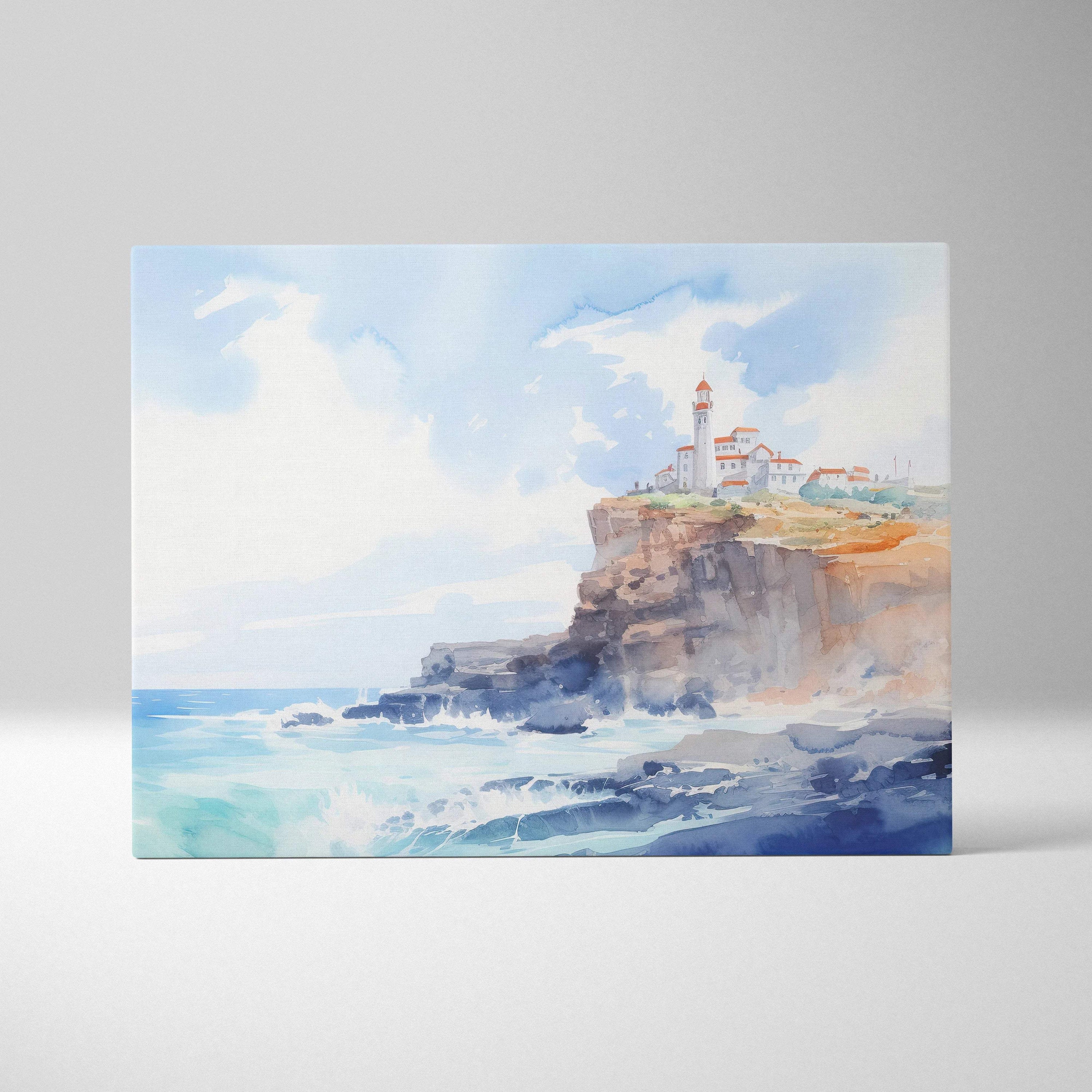 Watercolor coastal lighthouse on cliffs by sea canvas wall art