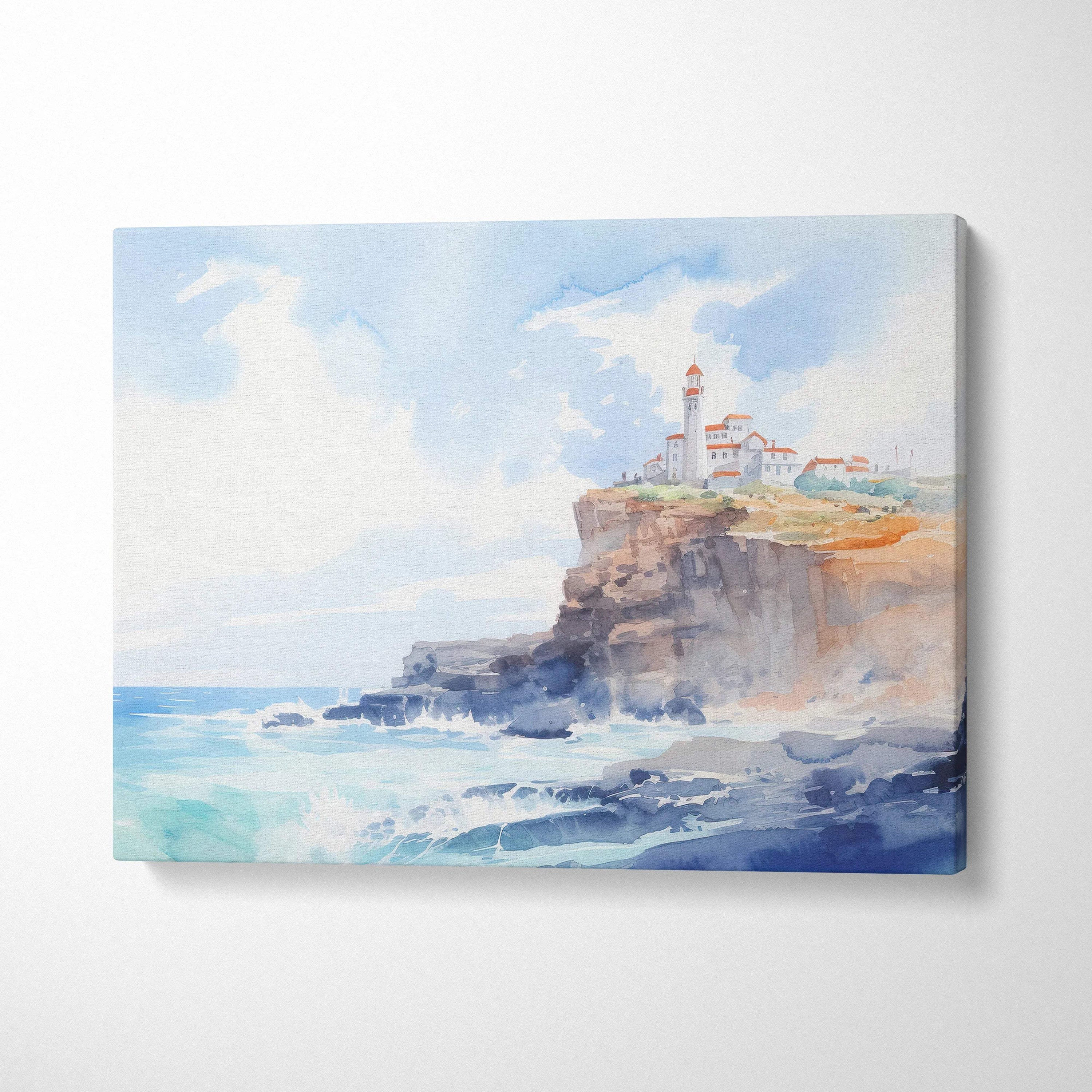 Soft watercolor coastal lighthouse on cliffs by sea canvas print