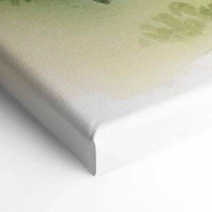 Watercolor forest path through pine trees canvas art in misty green brown tones