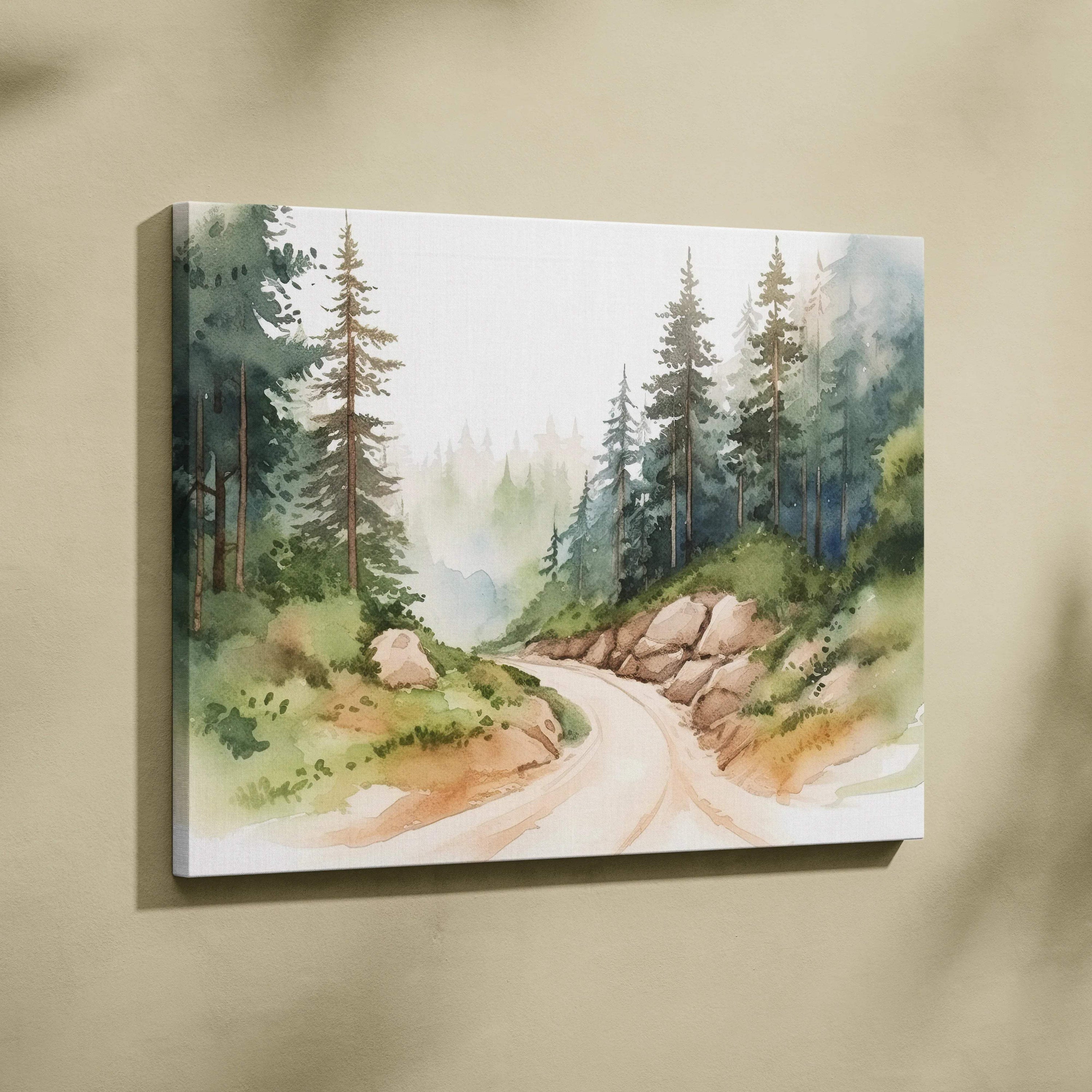 Watercolor forest path canvas print with tall pine trees misty hills