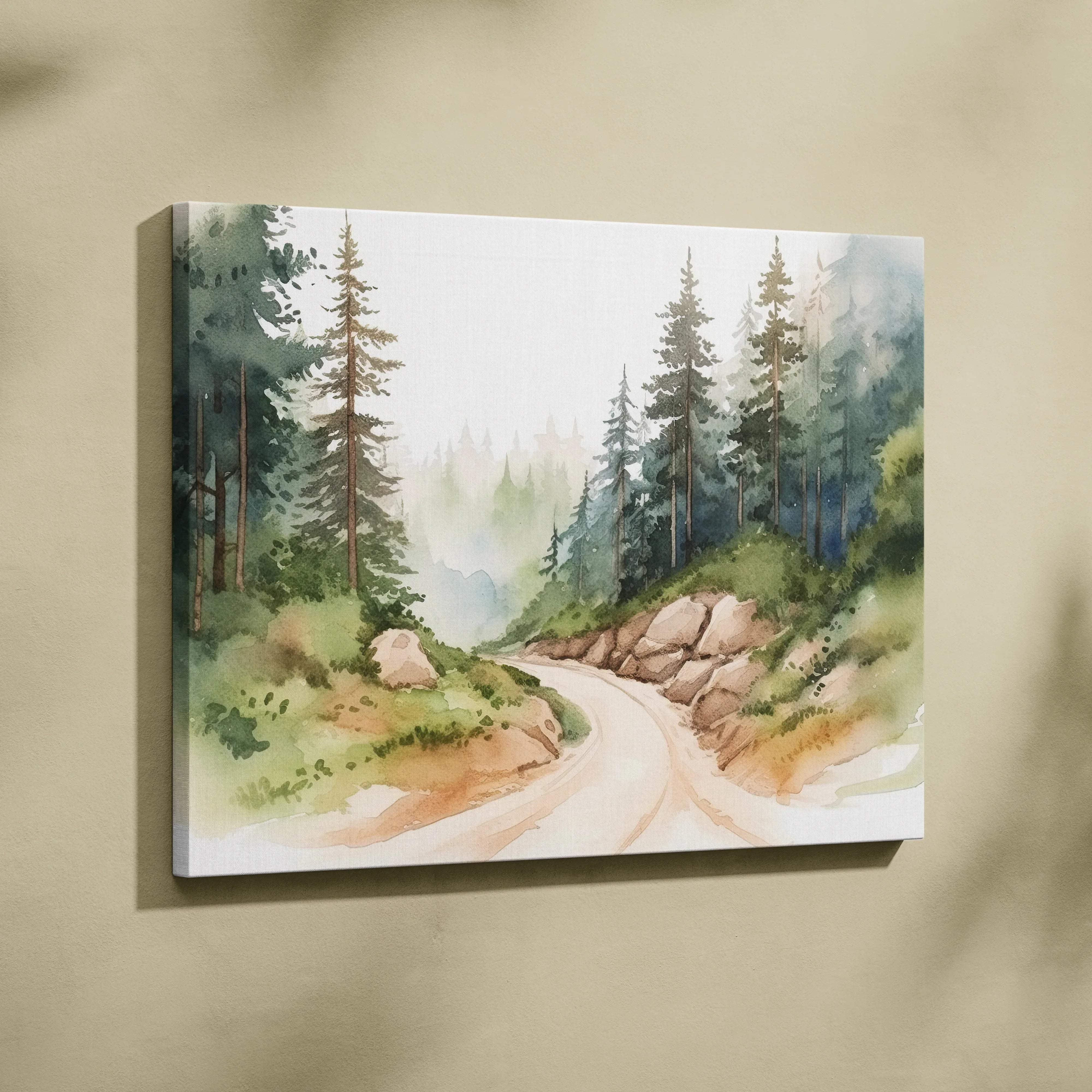Watercolor forest path canvas print with tall pine trees misty hills
