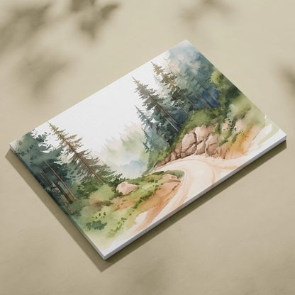 Watercolor forest path canvas with tall pines, misty hills in green brown tones