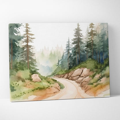 Watercolor forest path canvas with tall pines and misty green brown hills