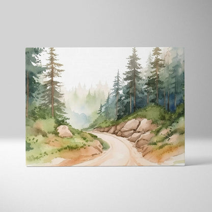 Watercolor forest path canvas wall art in misty green brown tones