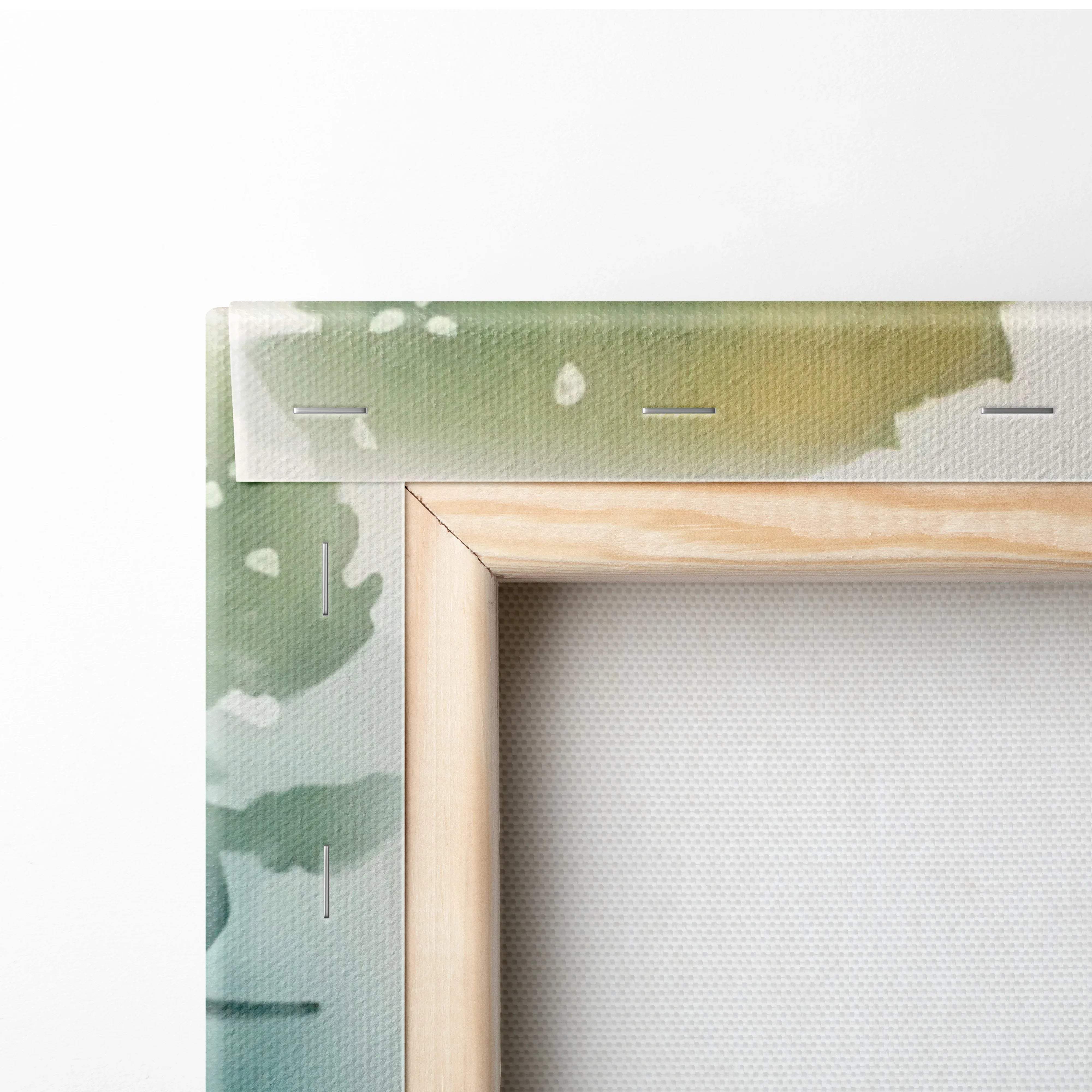 Light wood frame with misty pine forest path watercolor canvas in serene greens