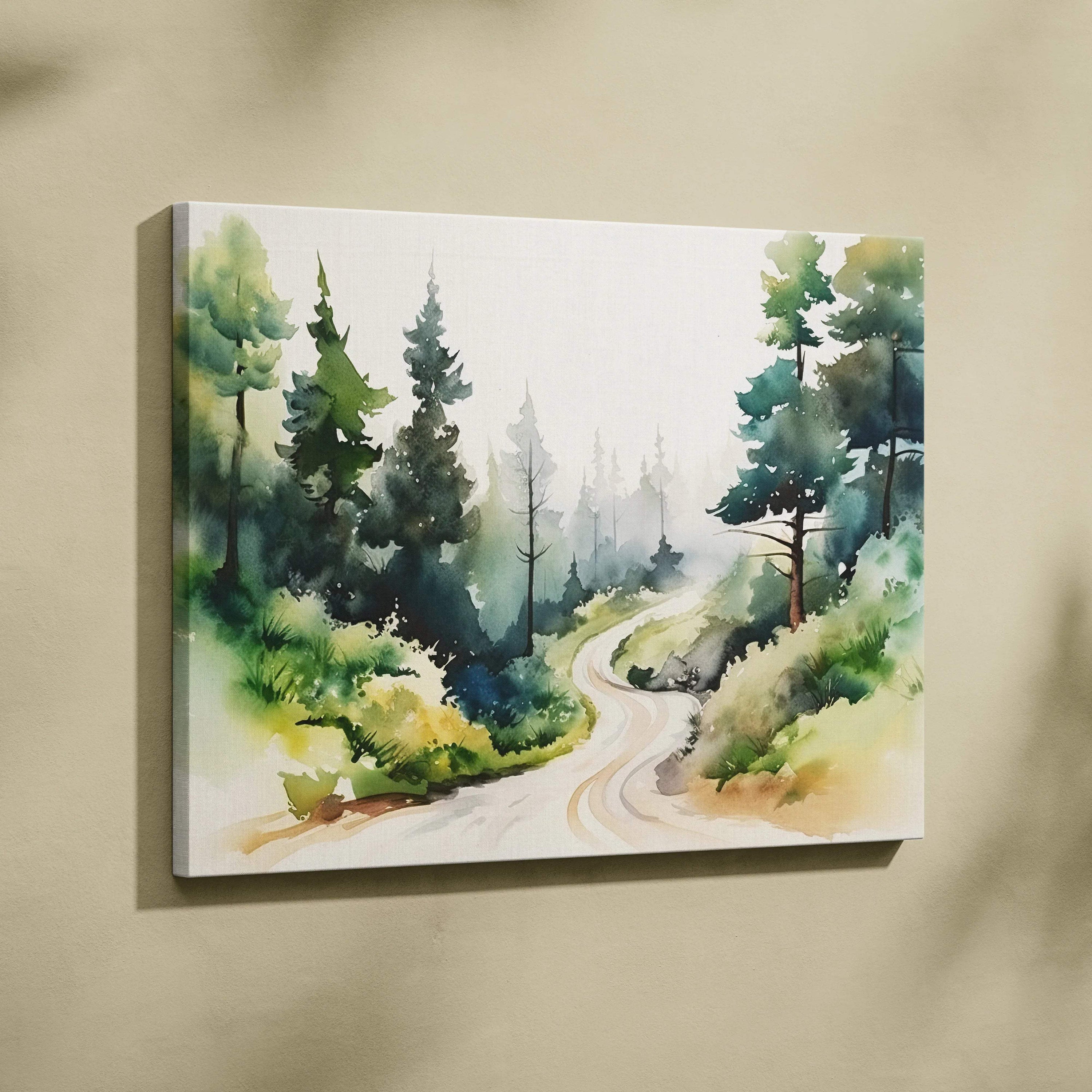 Misty Pine Forest Path watercolor canvas wall art in serene greens and blues