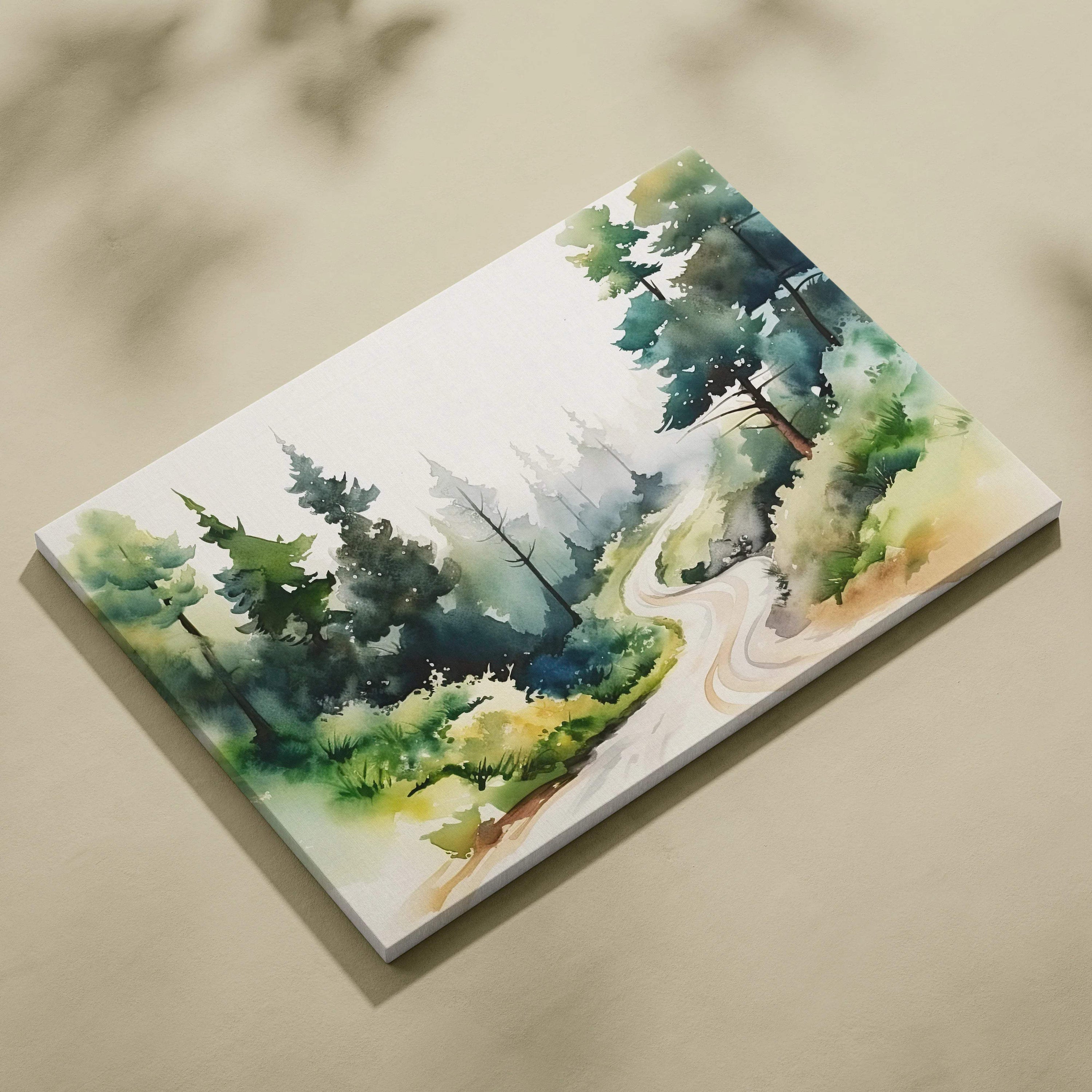 Misty Pine Forest Path watercolor canvas wall art in serene greens and blues