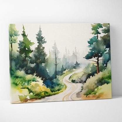 Misty pine forest path watercolor canvas in serene greens blues earthy tones