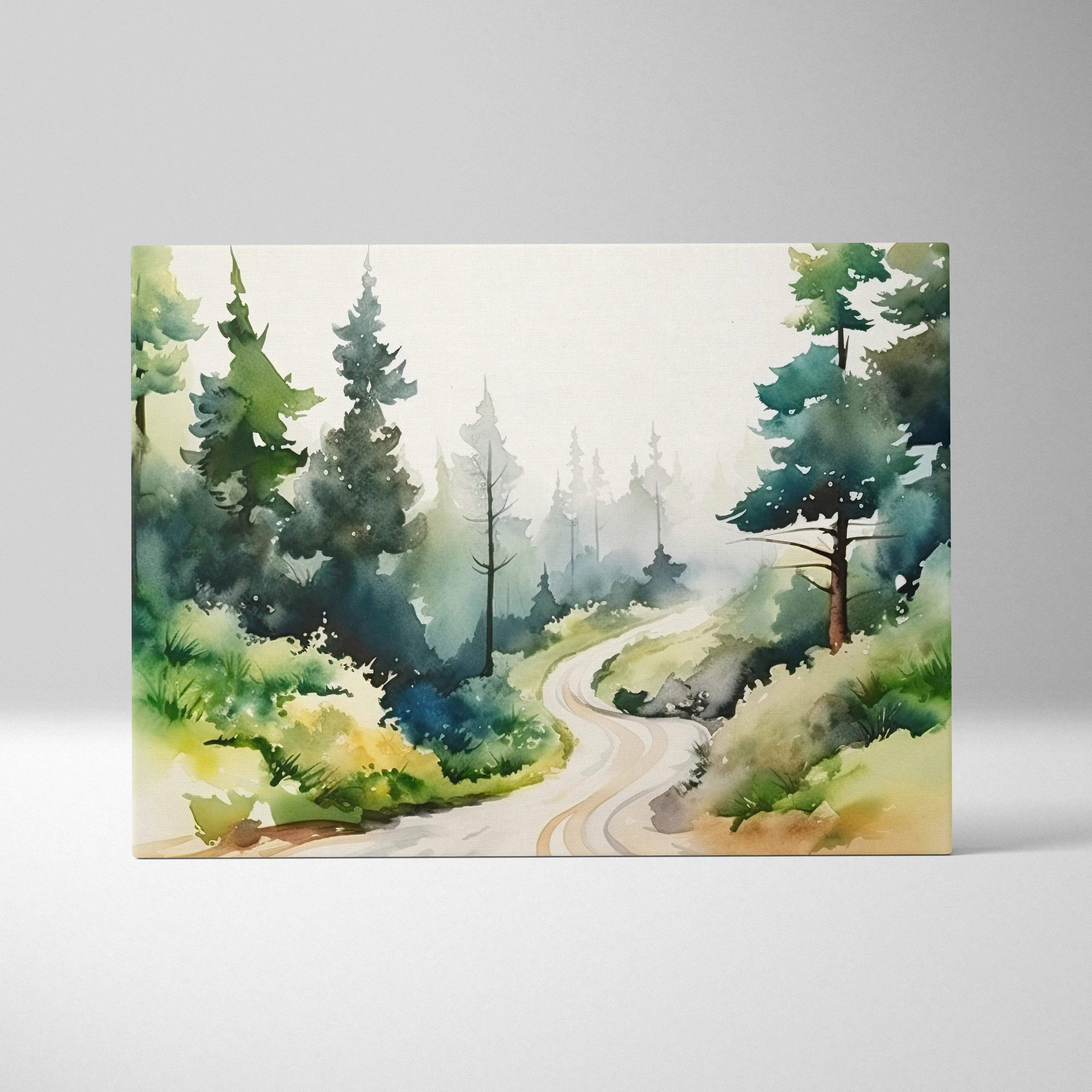 Misty pine forest path watercolor canvas wall art in serene greens and blues