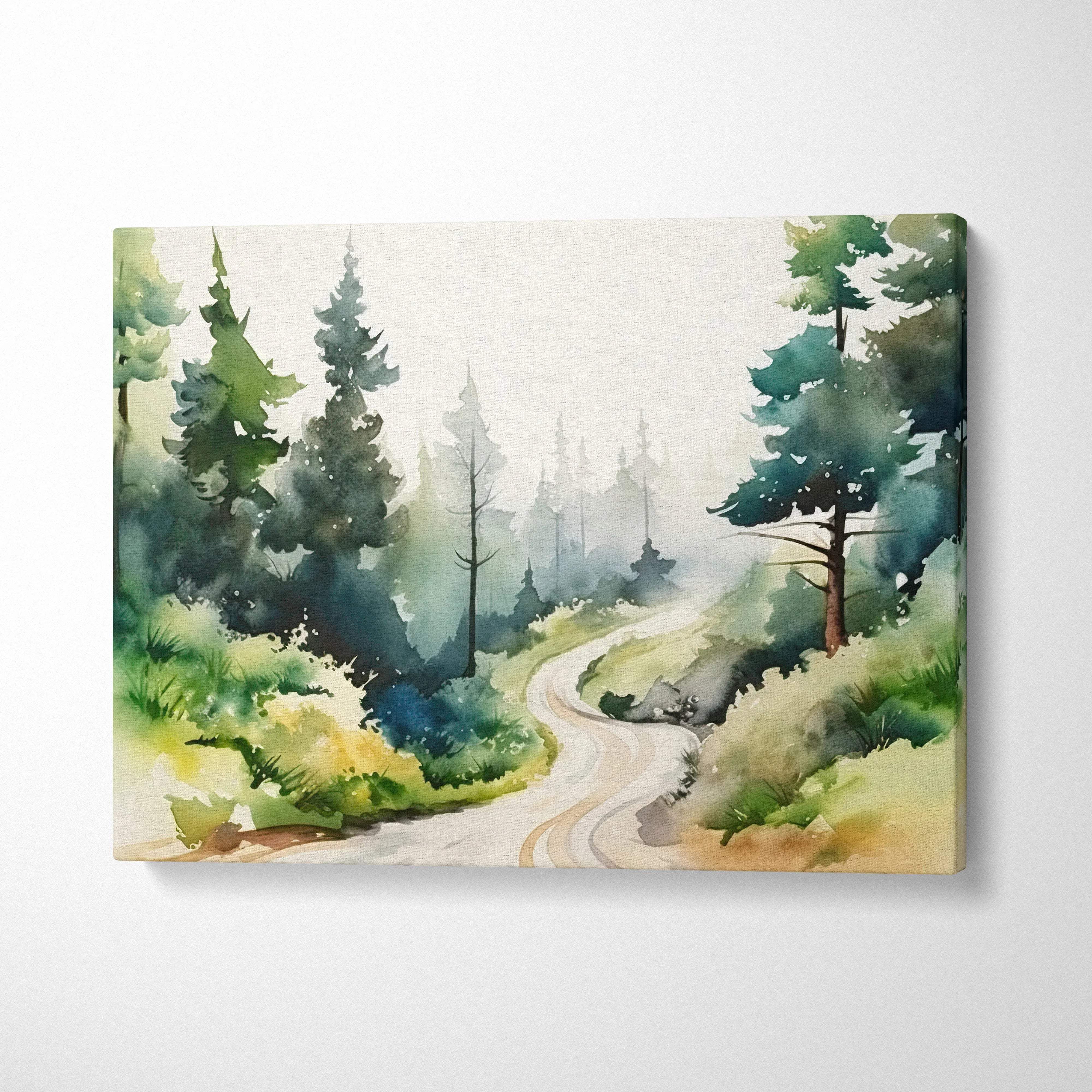 Misty pine forest path watercolor canvas print in serene greens blues earth tones