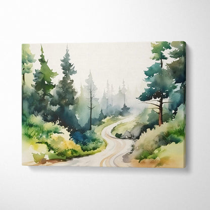Misty pine forest path watercolor canvas print in serene greens blues earth tones