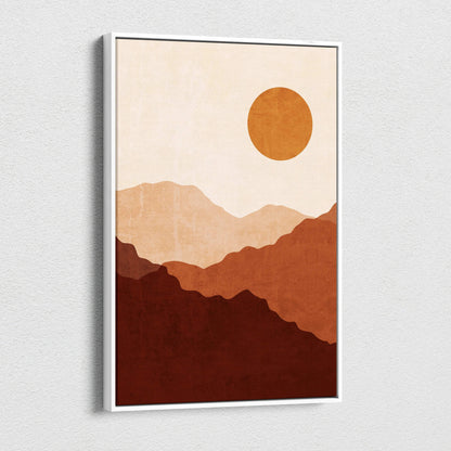 Minimalist terracotta mountain silhouettes with golden sun canvas wall art