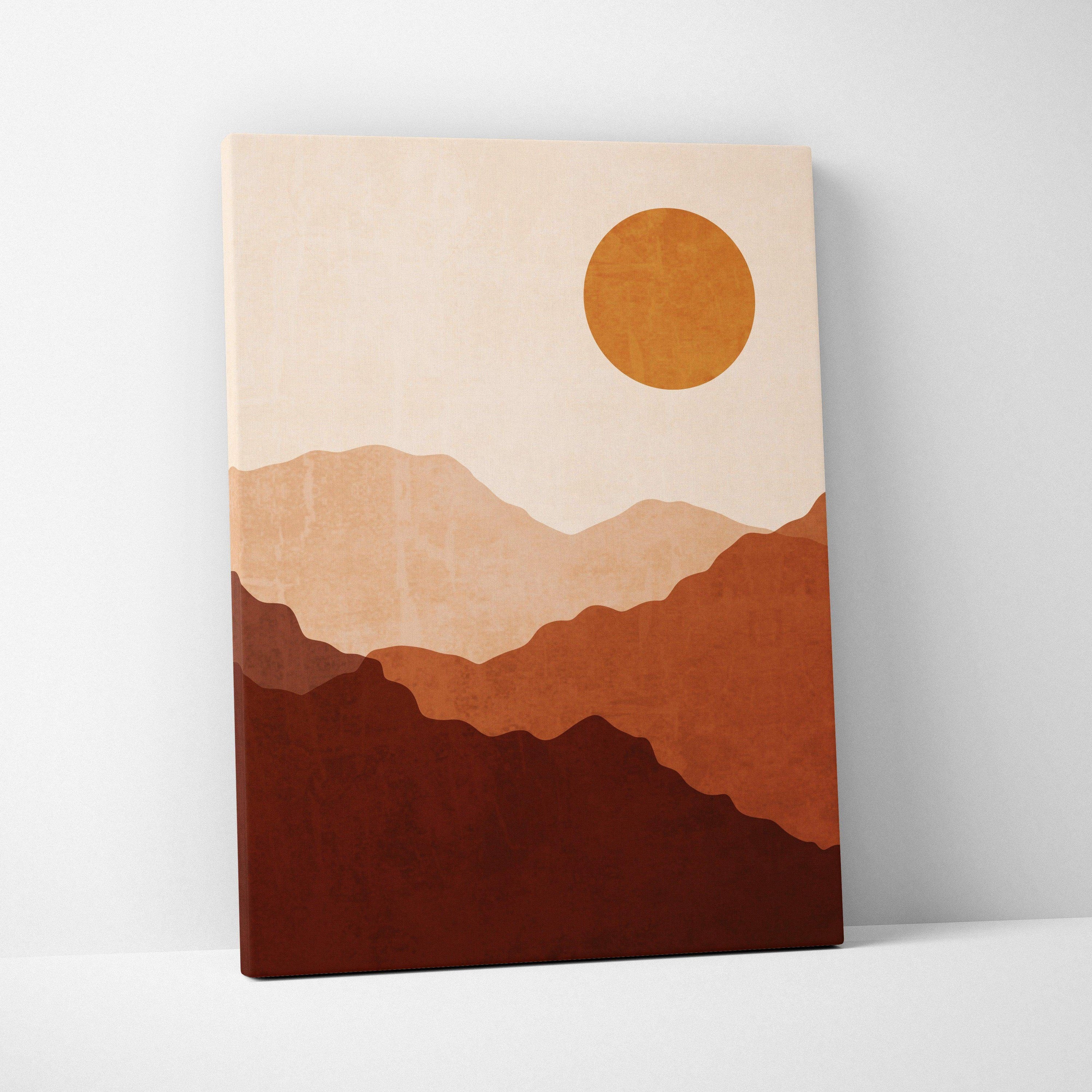 Minimalist terracotta mountains and orange sun canvas wall art