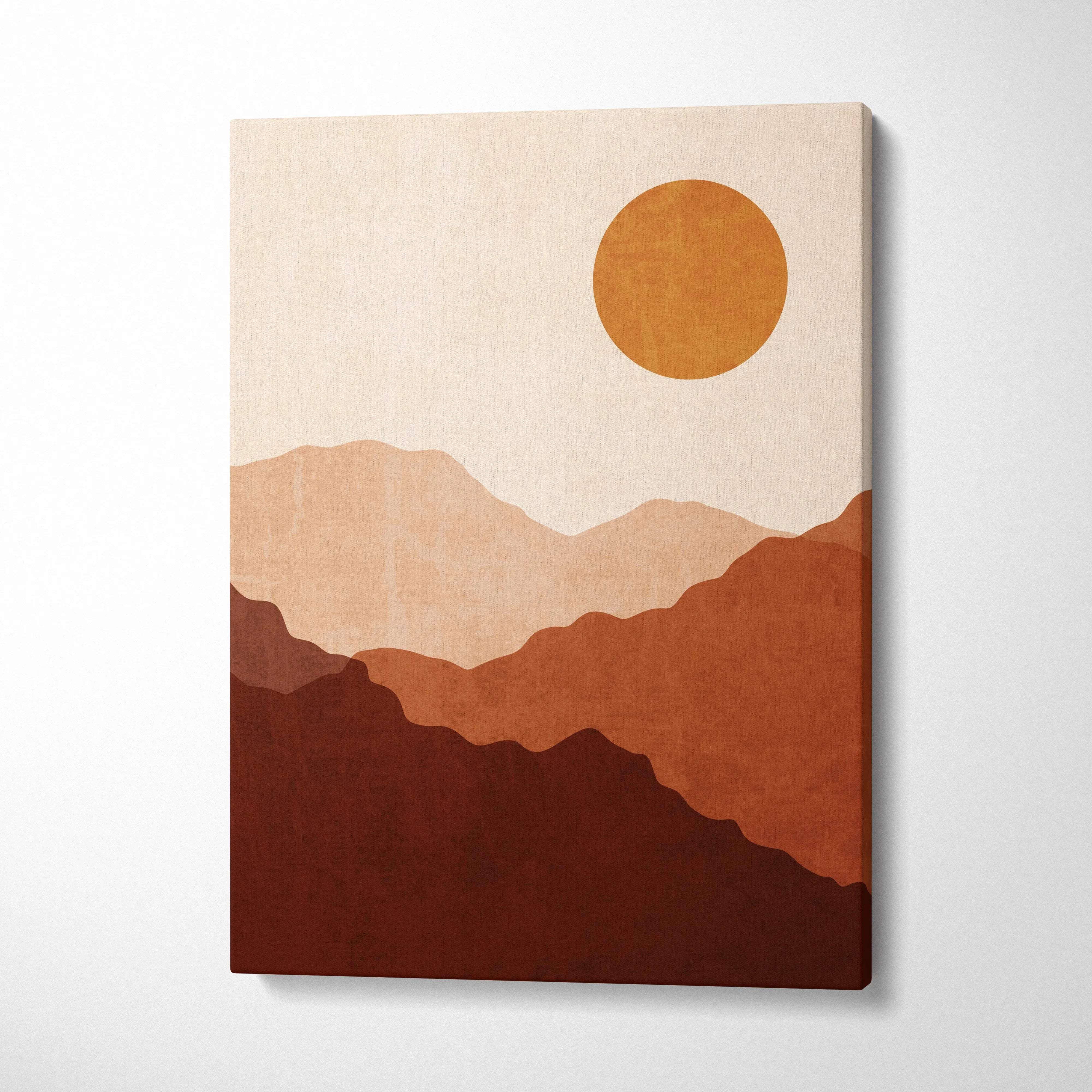 Minimalist terracotta mountain ranges with warm orange sun canvas art