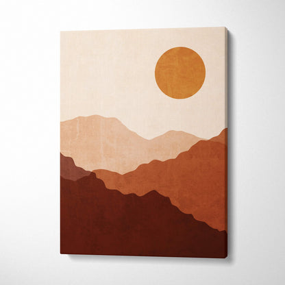 Minimalist terracotta mountain ranges with warm orange sun canvas art