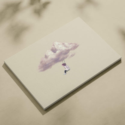 Beige canvas print of whimsical girl swinging from a purple cloud for modern kids room decor