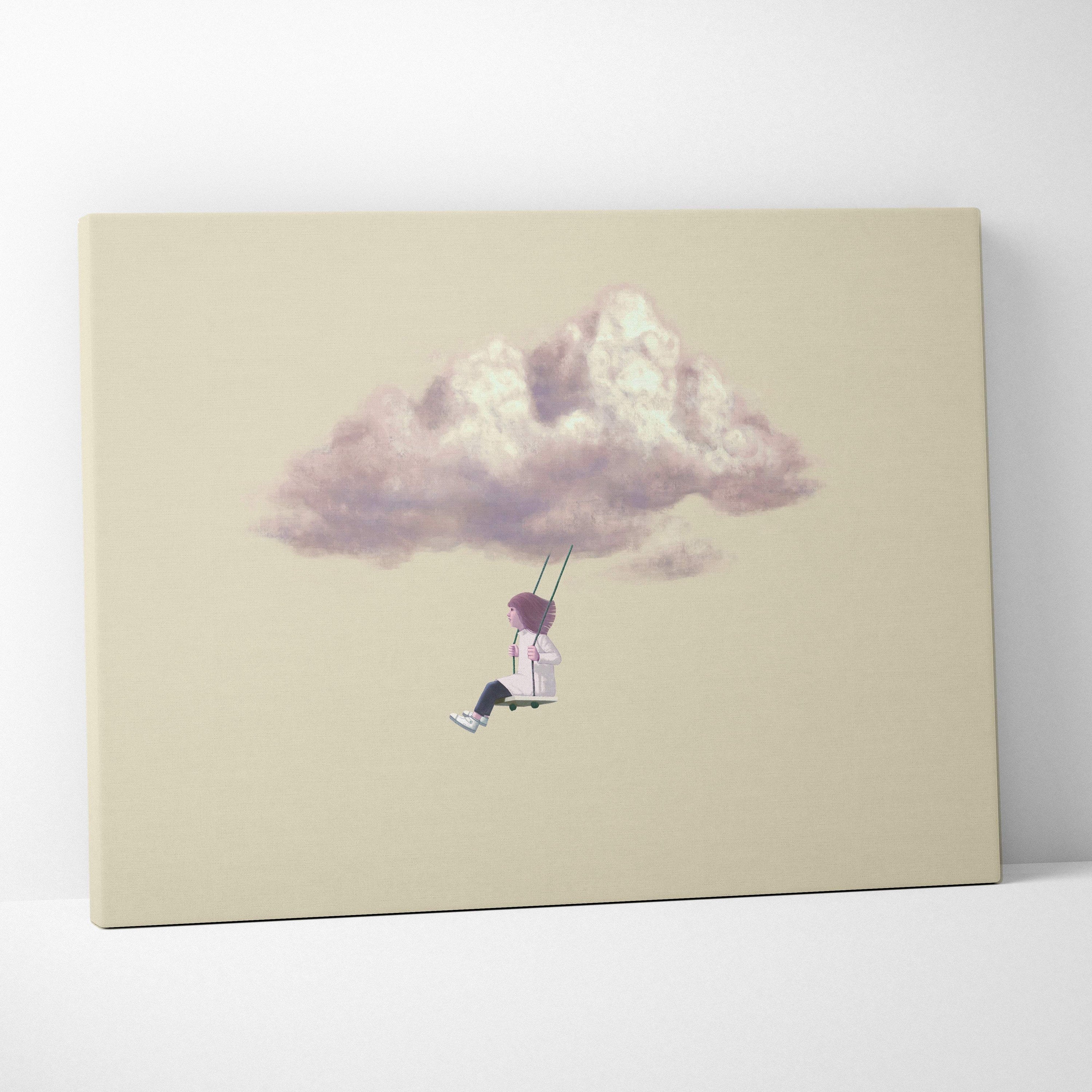 Beige canvas print featuring a whimsical illustration of a girl with pink hair swinging beneath a soft cloud