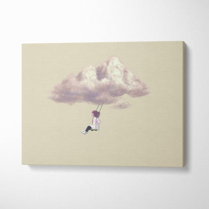 Beige canvas wall art featuring a whimsical purple-haired child swinging beneath a soft textured pink cloud