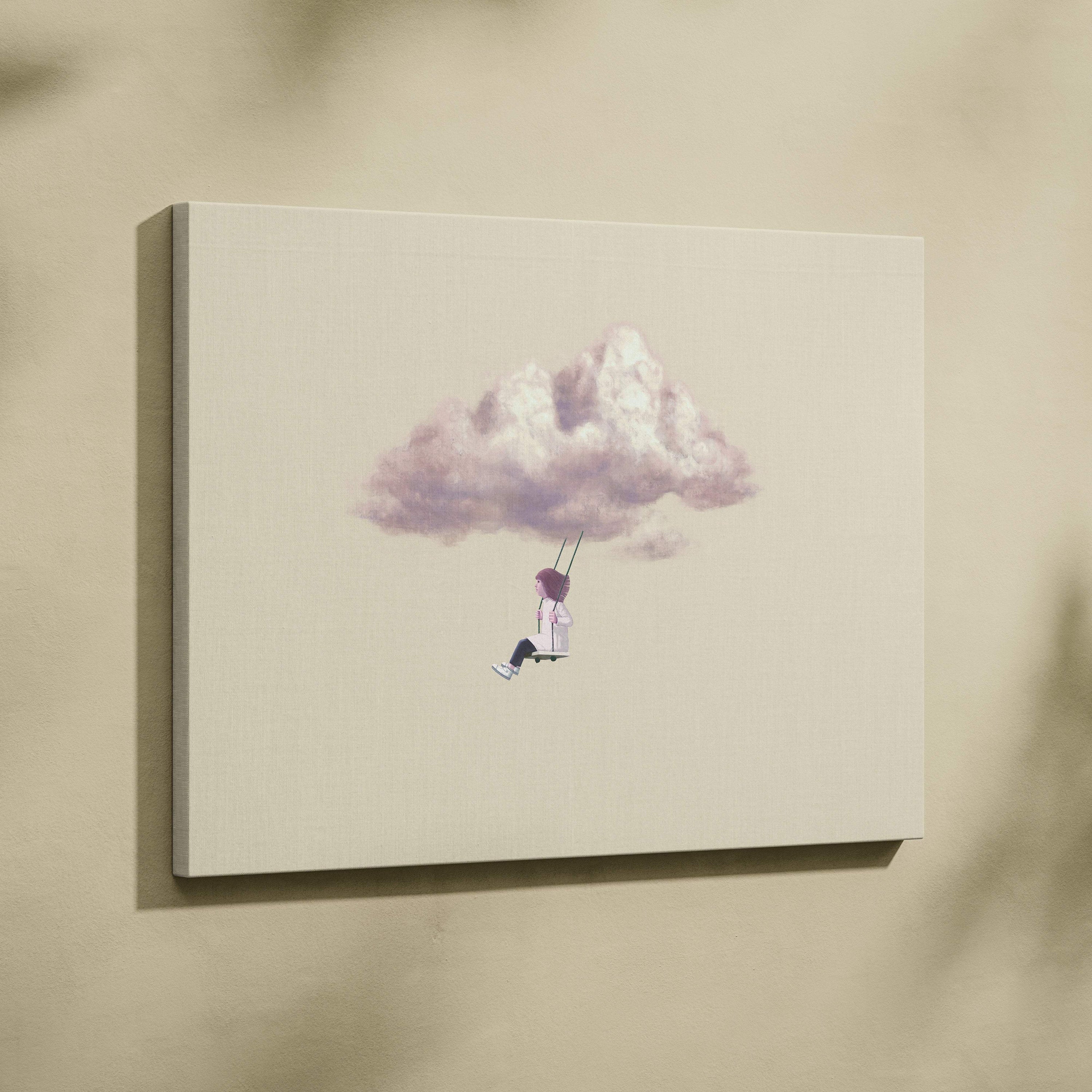 Beige canvas print featuring a whimsical illustration of a child on a swing hanging from a soft purple cloud