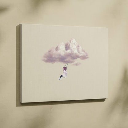 Beige canvas print featuring a whimsical illustration of a child on a swing hanging from a soft purple cloud