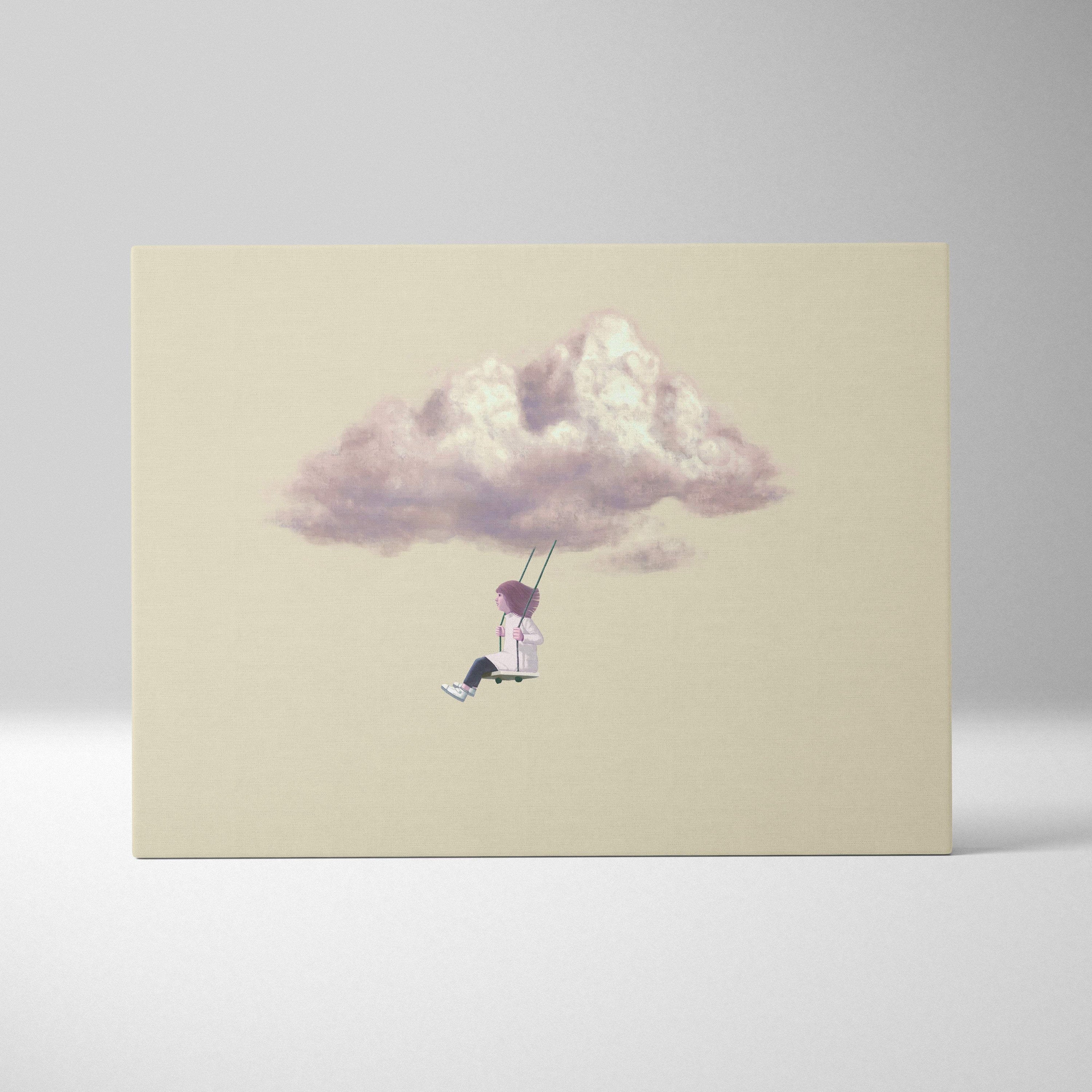 A soft pastel canvas wall art of a girl with purple hair on a swing hanging from a muted lavender cloud