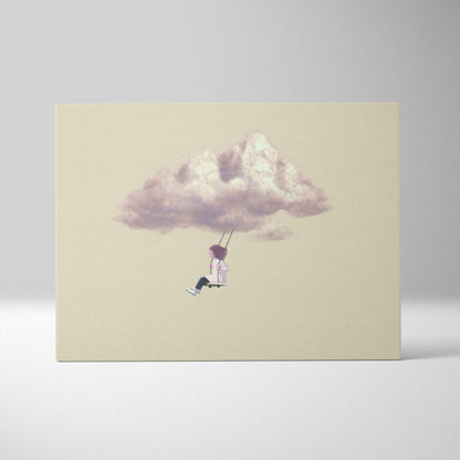 A soft pastel canvas wall art of a girl with purple hair on a swing hanging from a muted lavender cloud