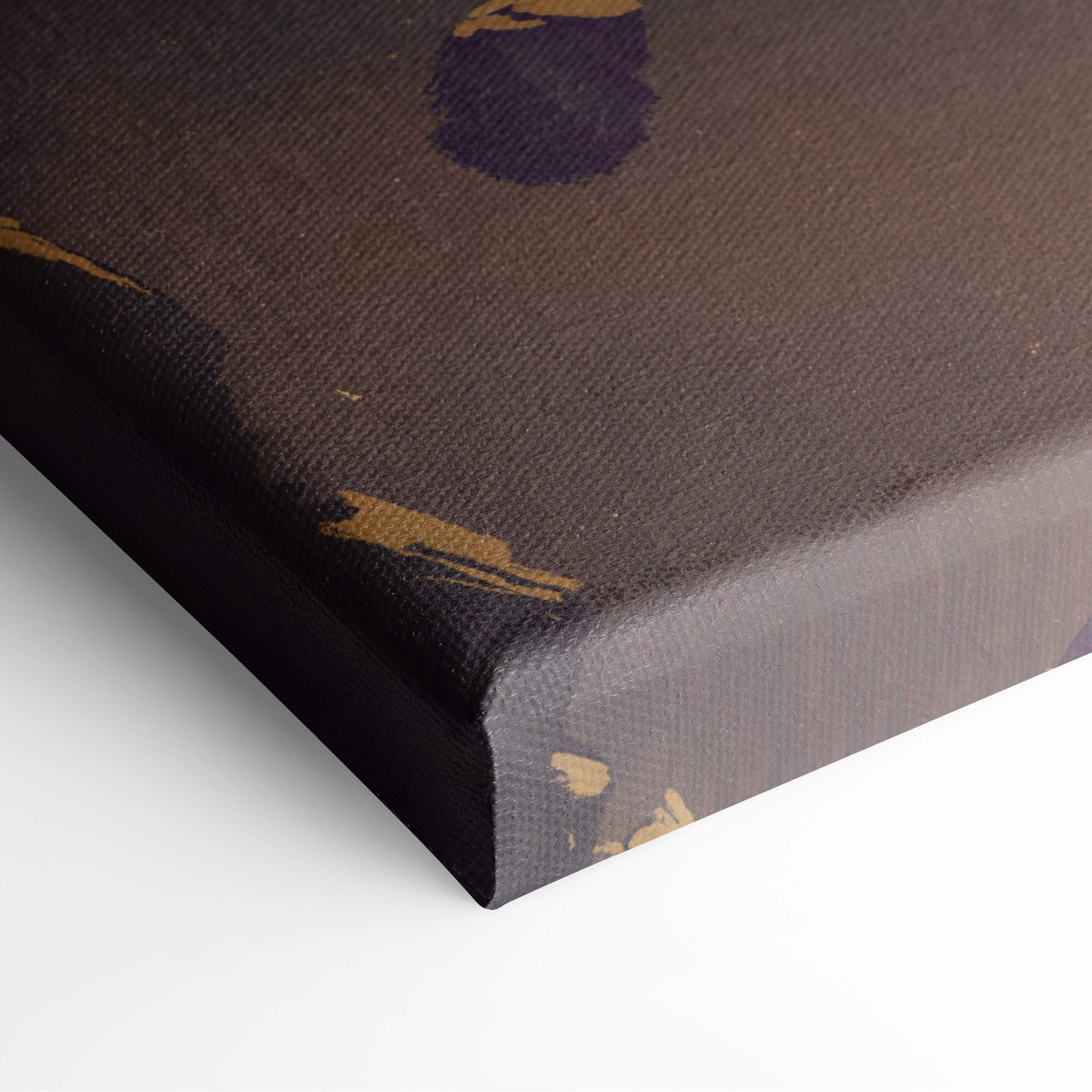 Floating samurai at dawn canvas art featuring brown canvas with gold and purple abstract brushstroke accents