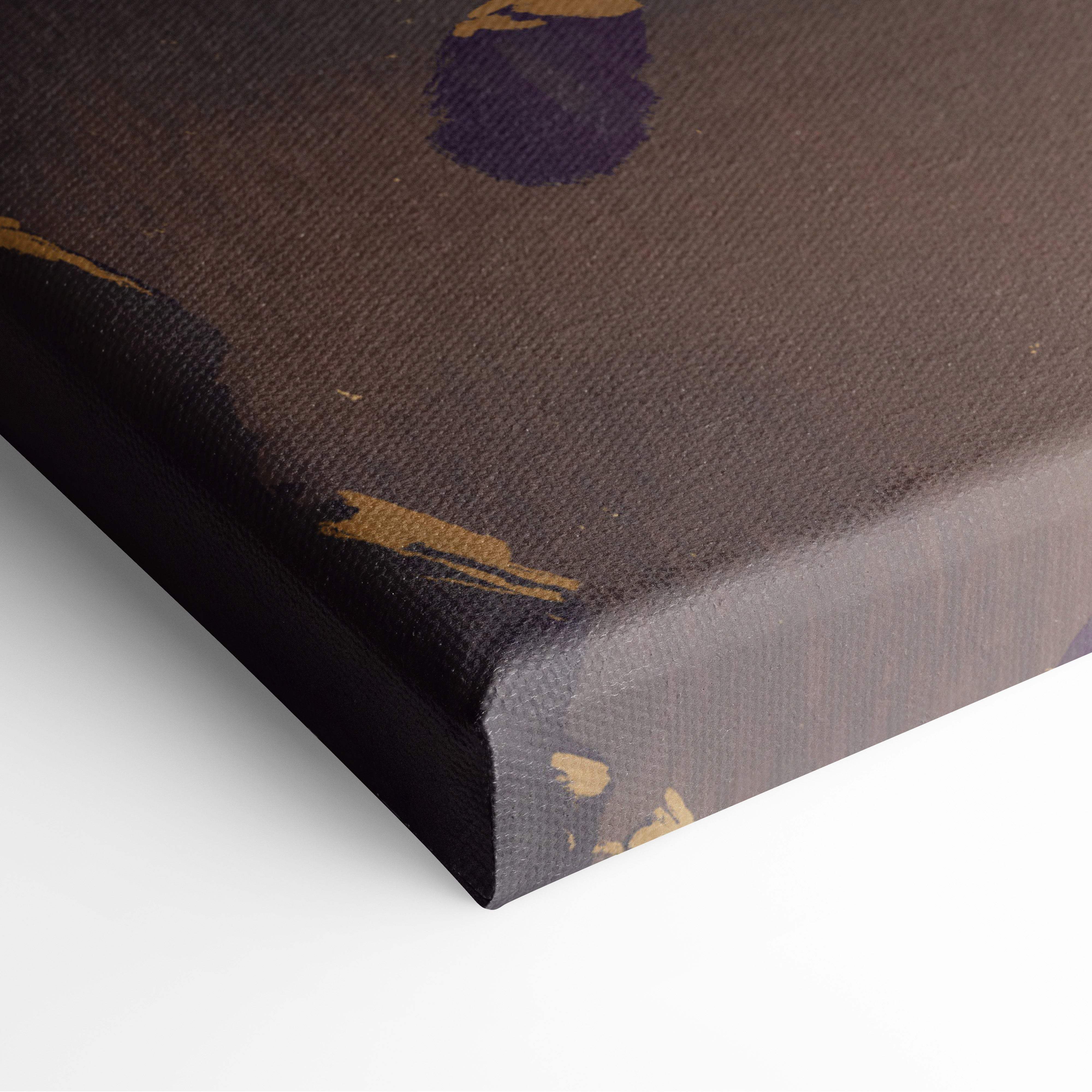 Floating samurai at dawn canvas art featuring brown canvas with gold and purple abstract brushstroke accents
