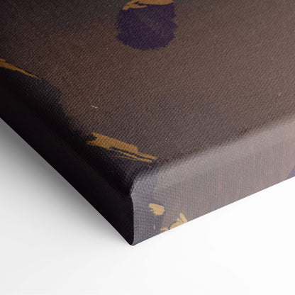 Floating samurai at dawn canvas art featuring brown canvas with gold and purple abstract brushstroke accents