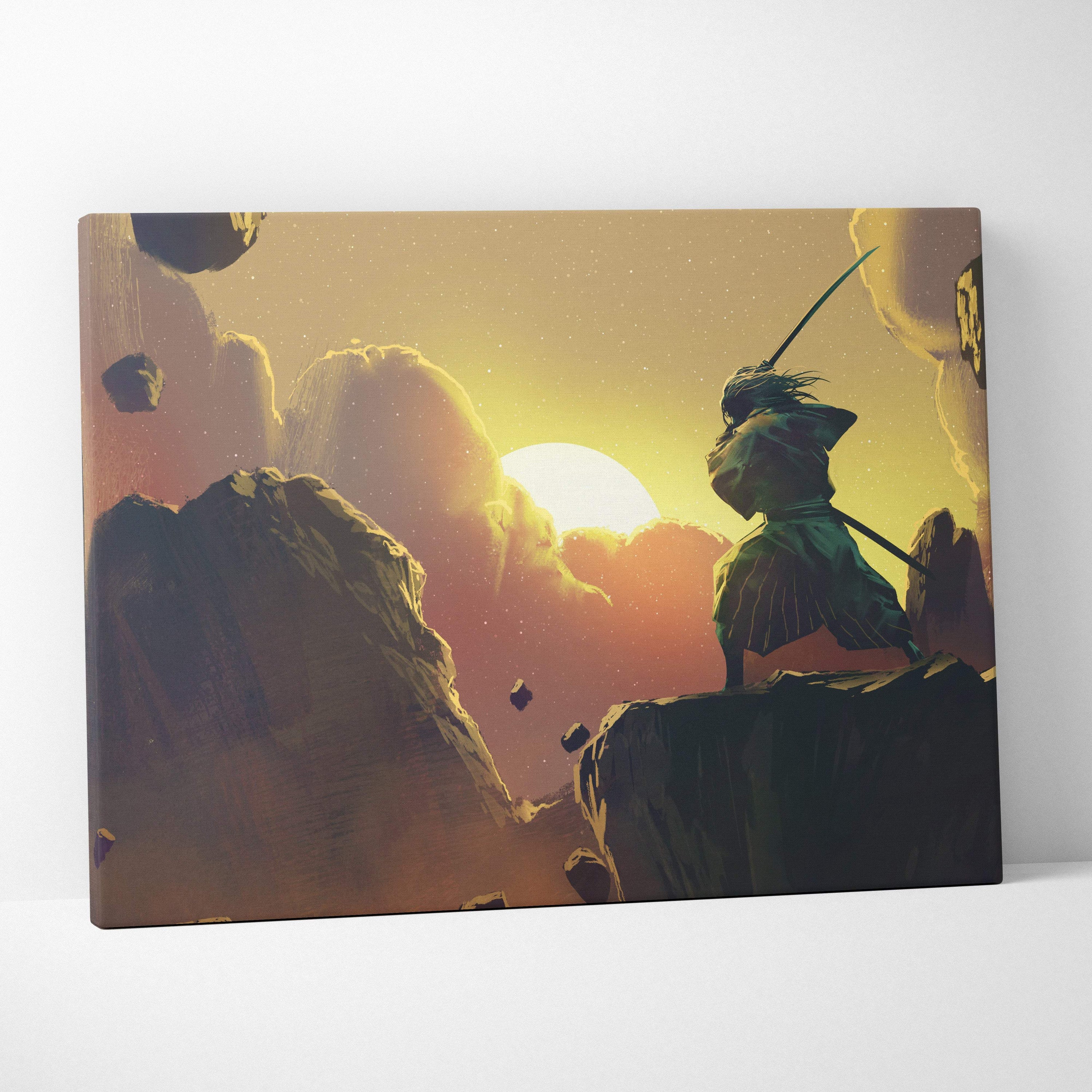 A framed canvas print of a lone samurai in green robes standing on rocky terrain under an orange sun with floating asteroids
