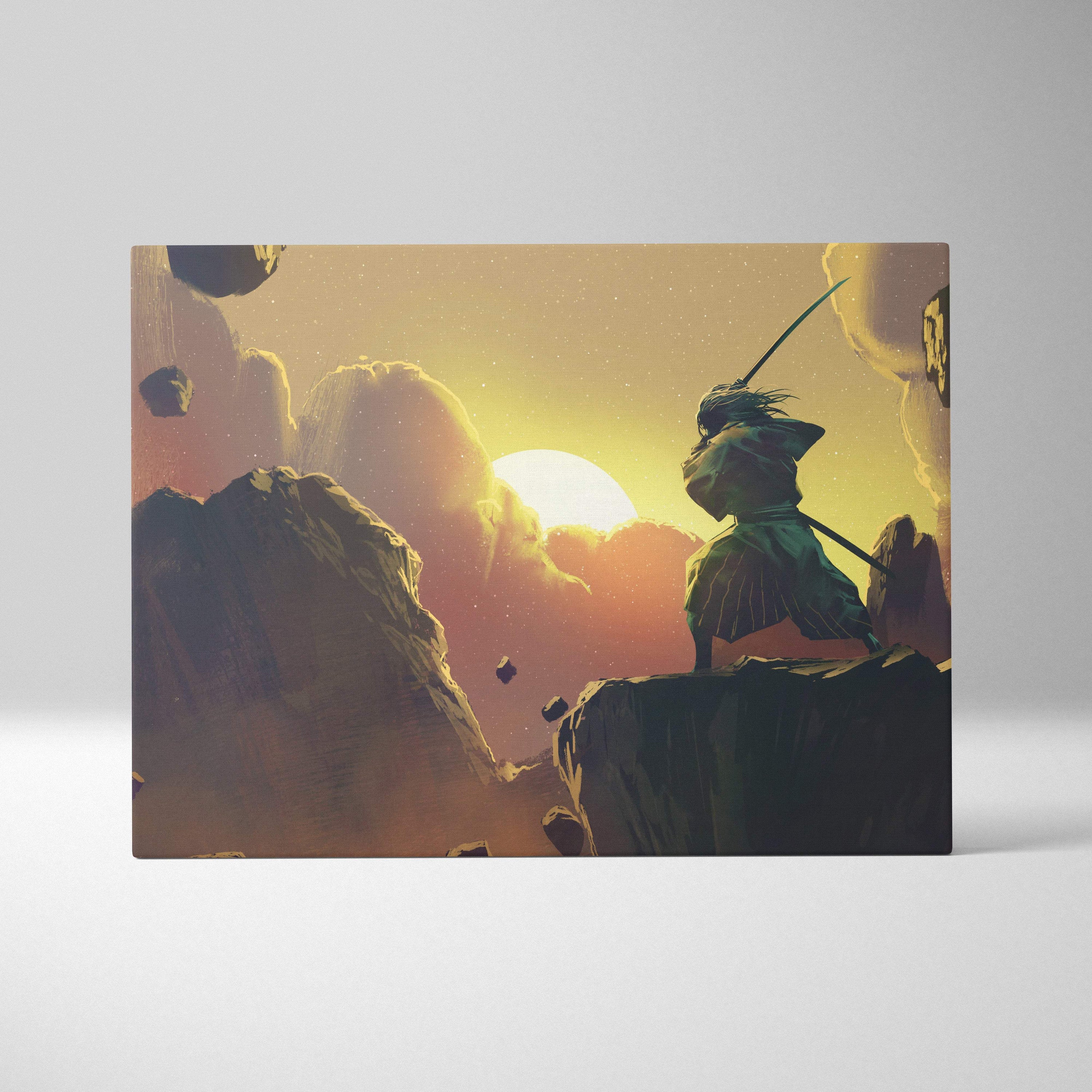 Rectangular canvas print of a stylized samurai in dark green robes standing on rocky terrain at golden sunrise with floating asteroids