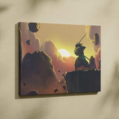 Rectangular canvas print of a lone samurai silhouette with katana on cliff at golden sunrise with levitating rocks