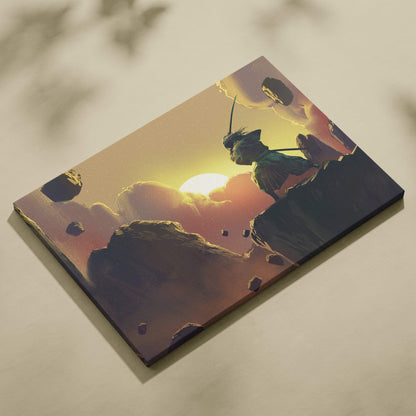 Rectangular canvas print of a lone samurai warrior silhouette with katana on a cliff at sunrise with floating rocks