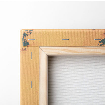 A rustic light wood-framed canvas with yellowish-brown textured surface and subtle green paint chipping at the corners