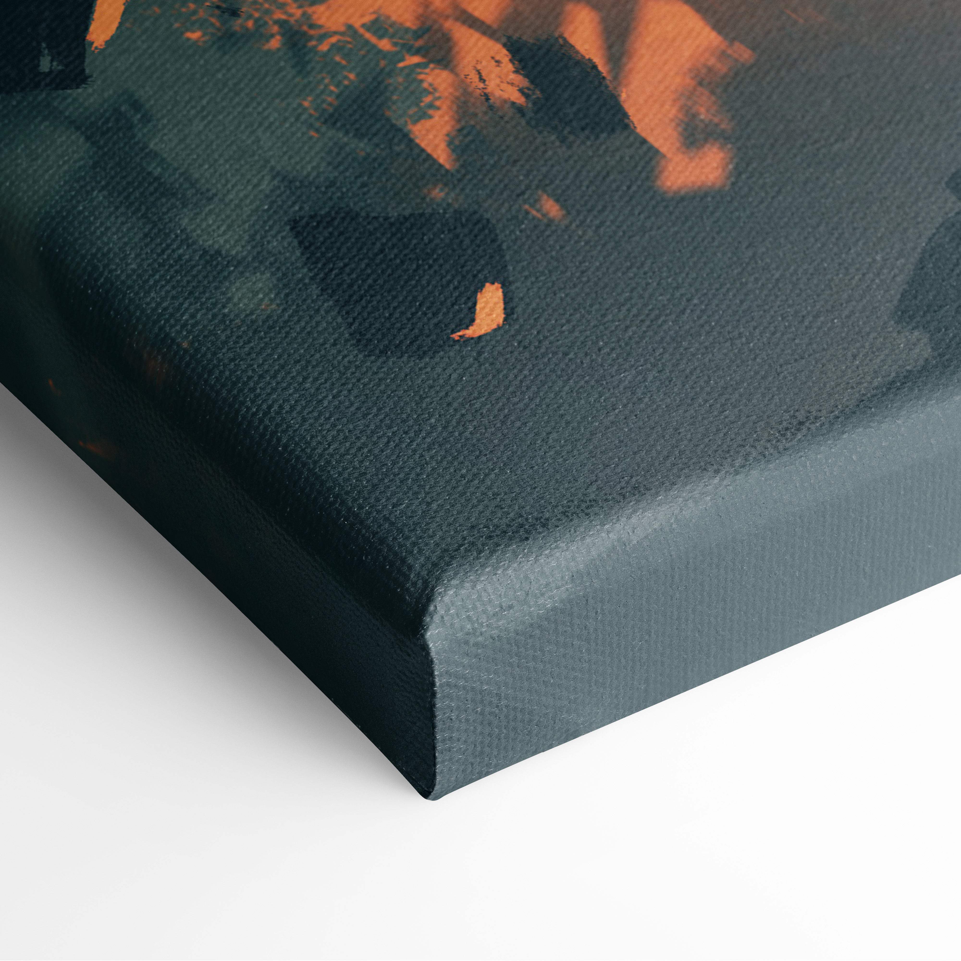Dark teal canvas print with abstract orange and black brushstrokes for fallen angel rising apocalyptic wall decor