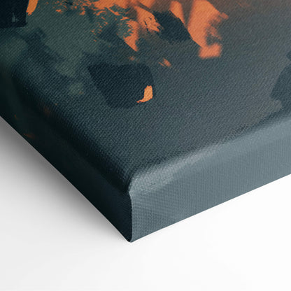 Dark teal canvas print with abstract orange and black brushstrokes for fallen angel rising apocalyptic wall decor