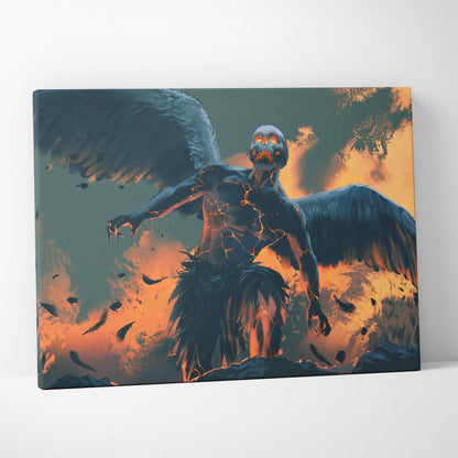 Fallen angel rising canvas art showing a dark winged skeleton with glowing orange eyes and cracked lava skin