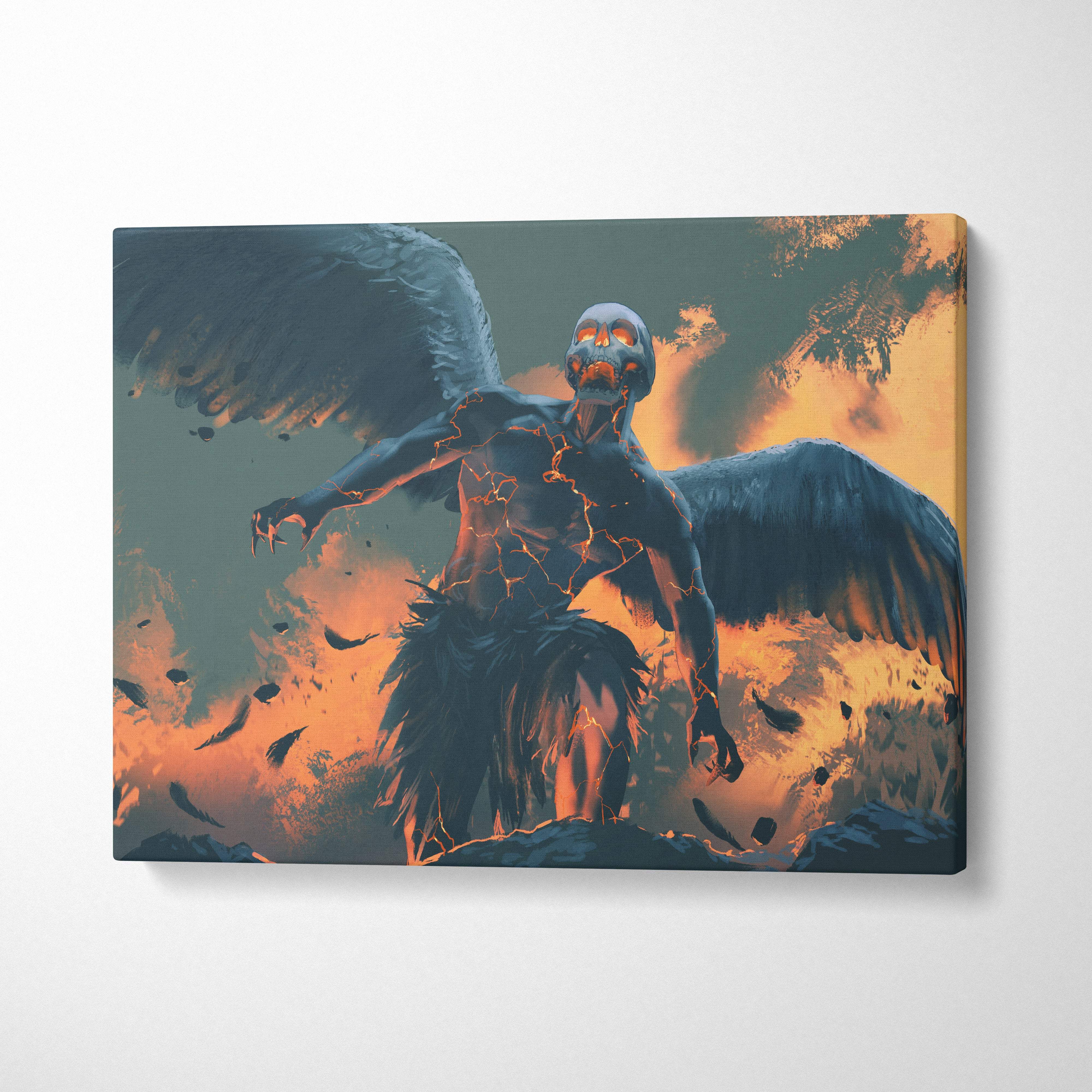 Fallen angel rising canvas art featuring dark winged skeleton with glowing orange eyes and cracked lava skin against fiery sky