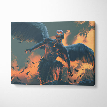 Fallen angel rising canvas art featuring dark winged skeleton with glowing orange eyes and cracked lava skin against fiery sky
