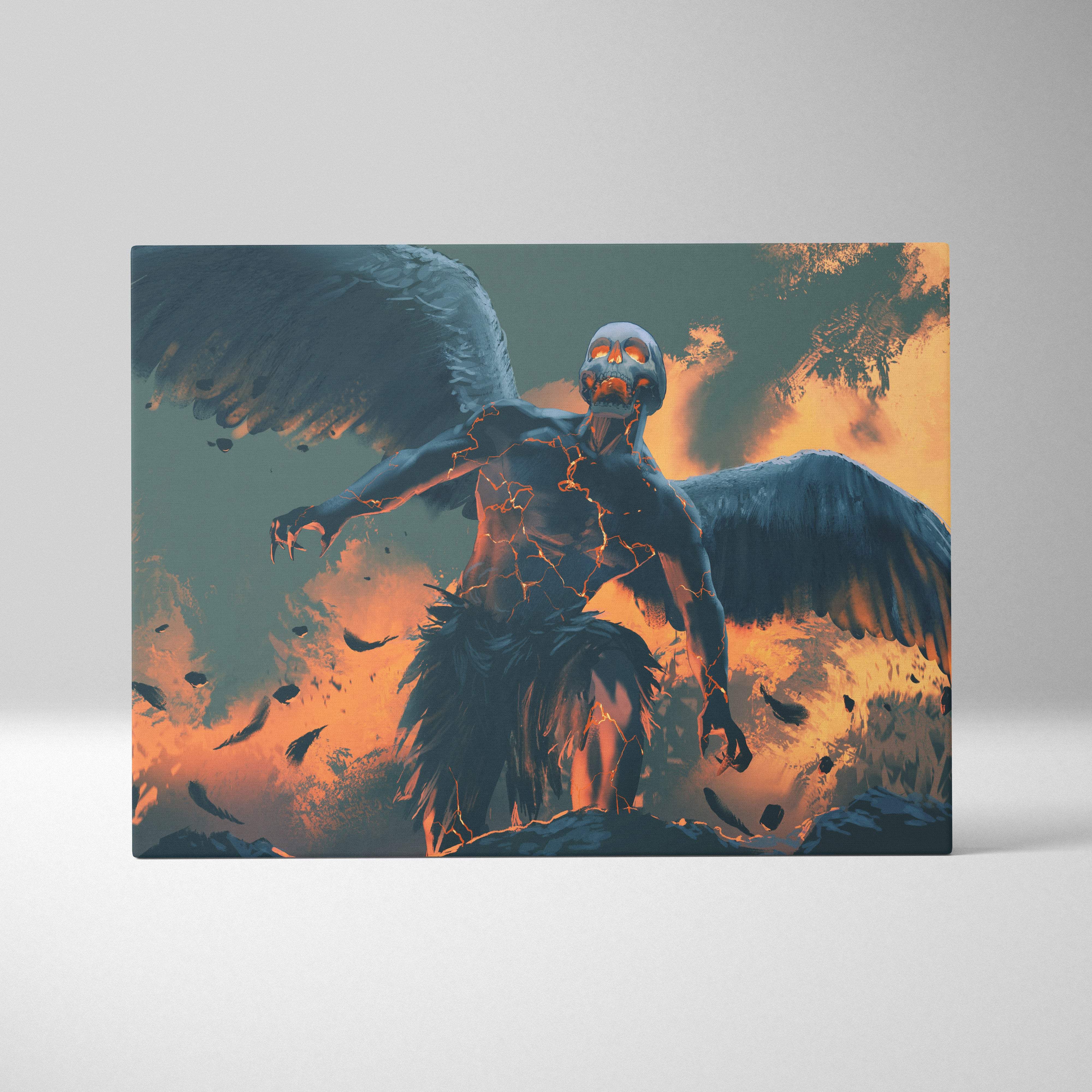 Fallen angel rising canvas art featuring a dark winged skeleton with glowing orange eyes and cracked lava skin
