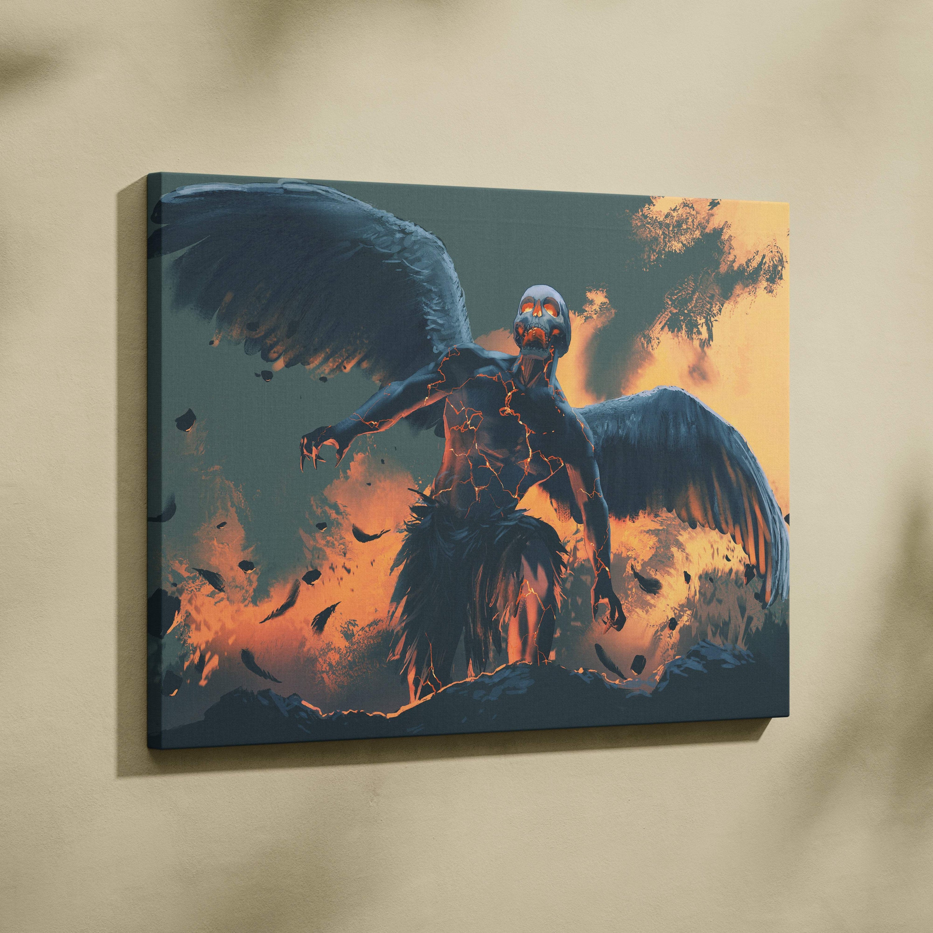Fallen angel rising canvas art of a black and orange winged skeleton with glowing eyes and cracked lava skin