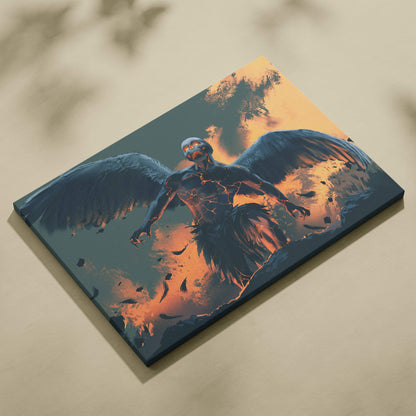 Striking fallen angel rising canvas art with dark winged skeleton glowing orange cracks fiery apocalyptic backdrop