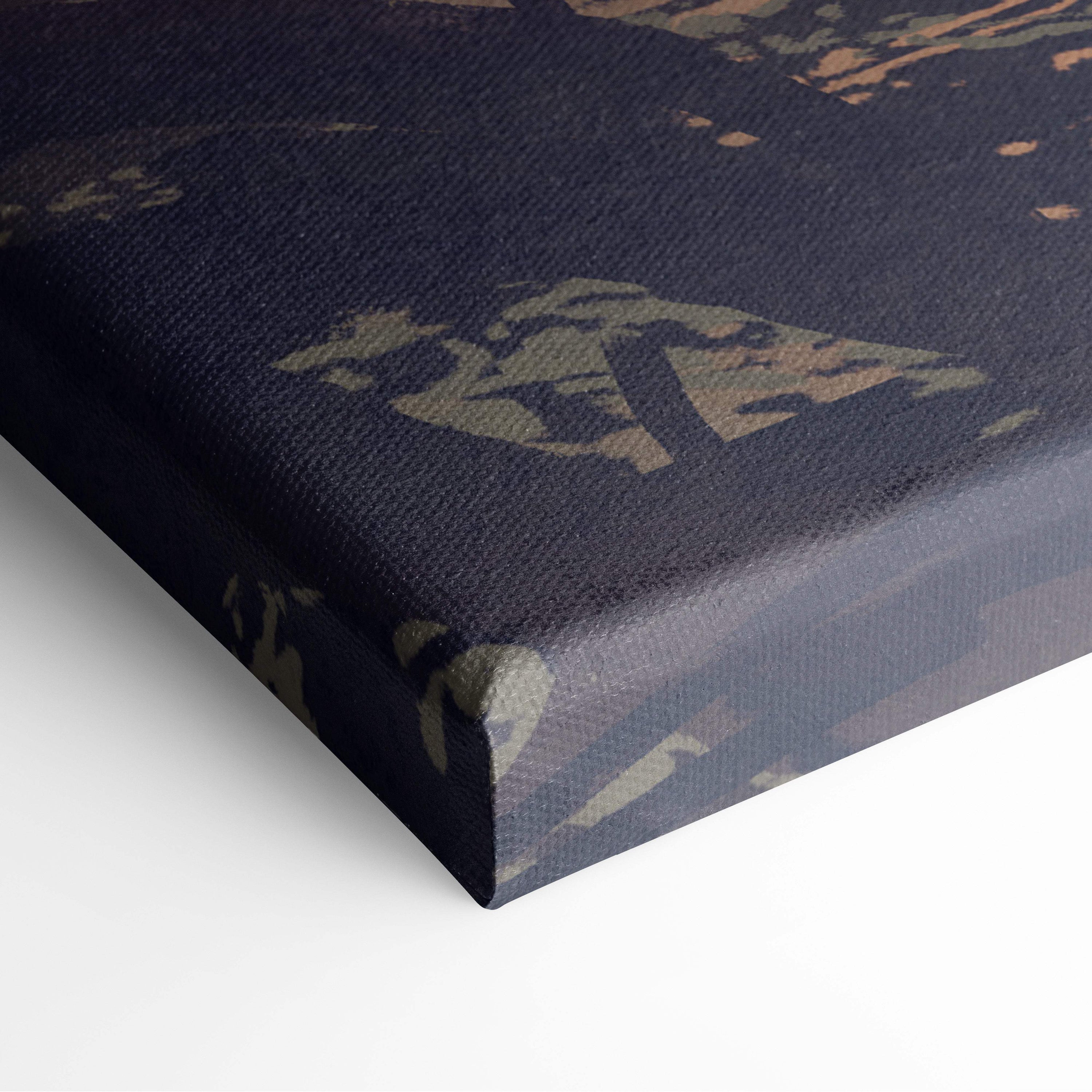Dark navy canvas print with subtle camouflage pattern in muted green and tan for lone warrior ember wasteland art