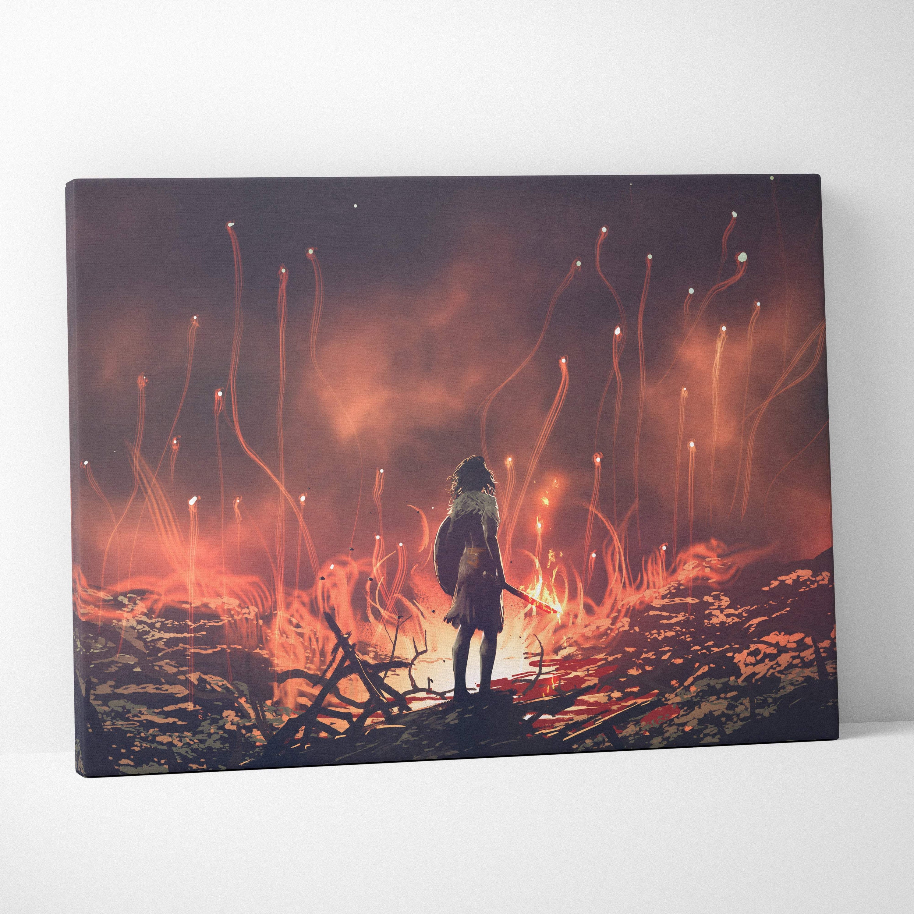 Rectangular canvas art featuring a silhouetted lone warrior with sword amid fiery glowing plants in a dark fantasy landscape