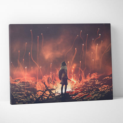 Rectangular canvas art featuring a silhouetted lone warrior with sword amid fiery glowing plants in a dark fantasy landscape