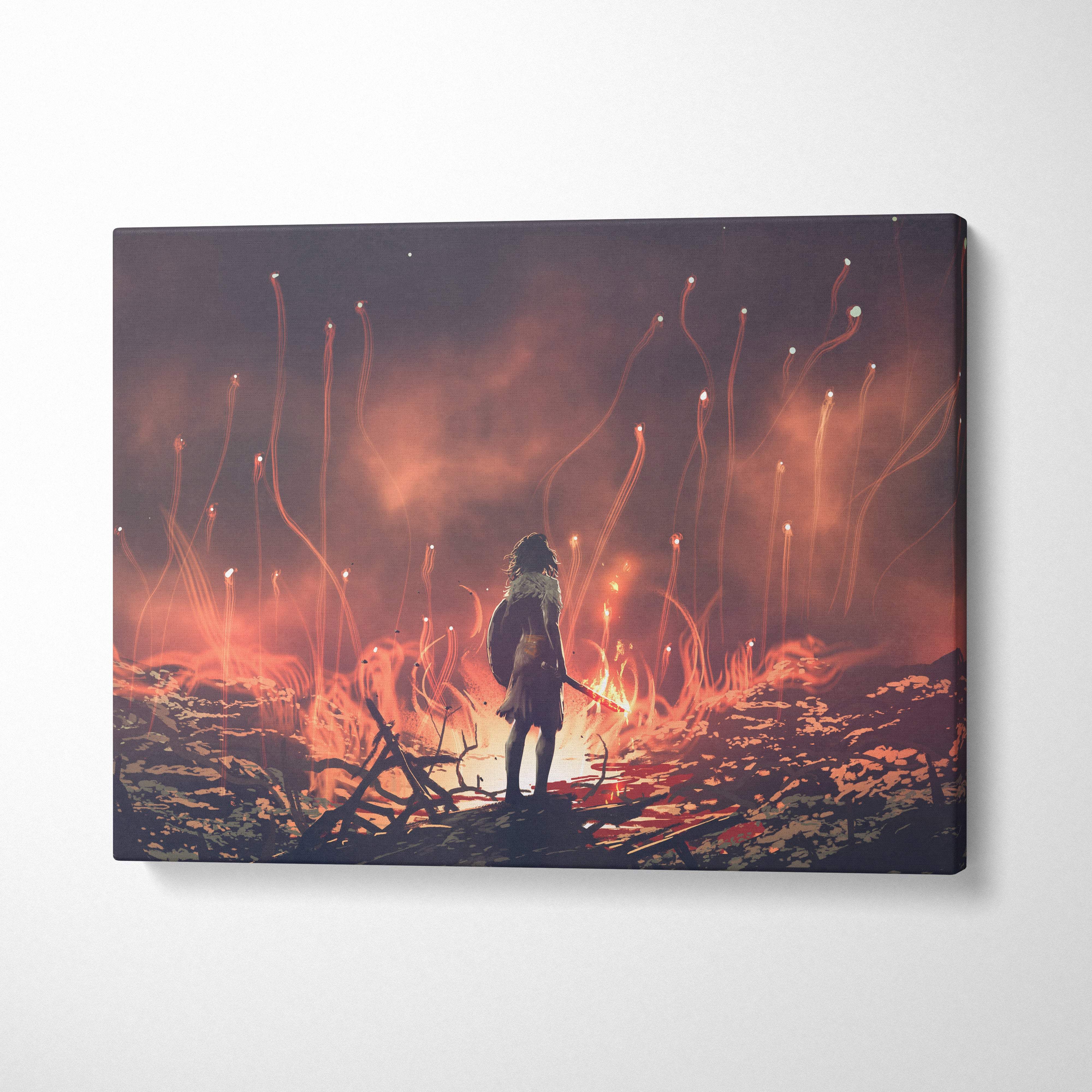 Canvas print of lone warrior standing amidst fiery stalks under orange dark sky in ember wasteland wall decor
